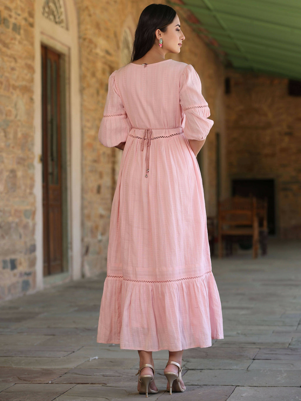 Juniper Women's Pink Cotton Dobby Embroidered Flared Dress | Grocsy