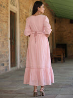 Juniper Women's Pink Cotton Dobby Embroidered Flared Dress | Grocsy