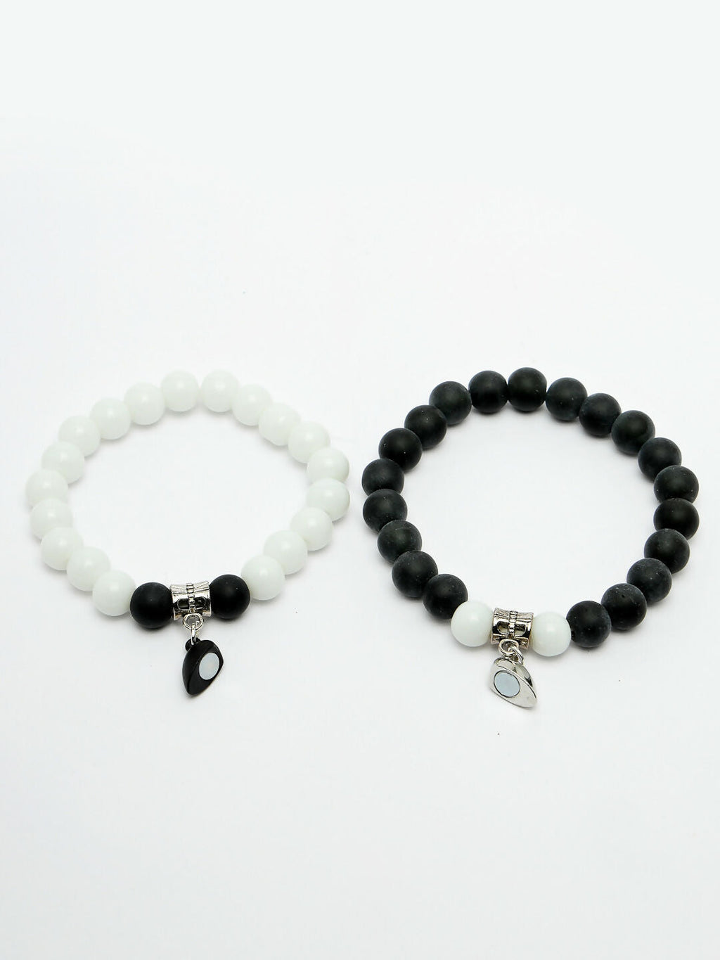 NVR Men & Women Set of 2 Black & White Onyx Handcrafted Elasticated Bracelet
