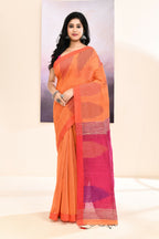 Piyari Fashion Women's Orange Temple Border Embellished Cotton Blend Jamdani Saree | Grocsy