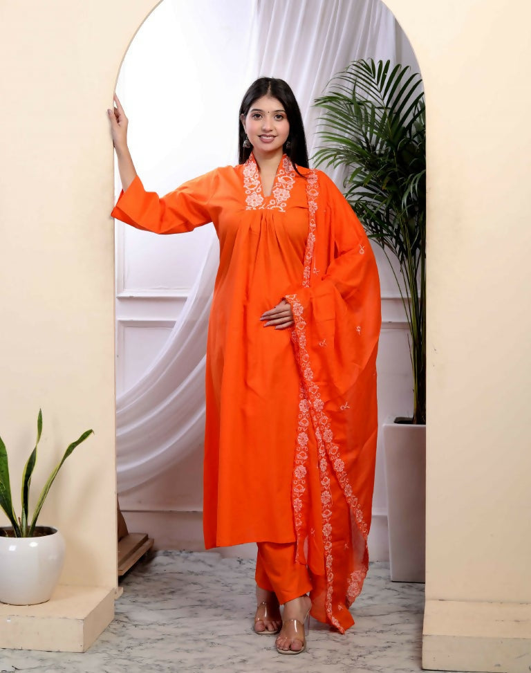 Miravan Women's Orange Cotton Embroidered A-Line Kurta And Palazzo With Dupatta Set | Grocsy