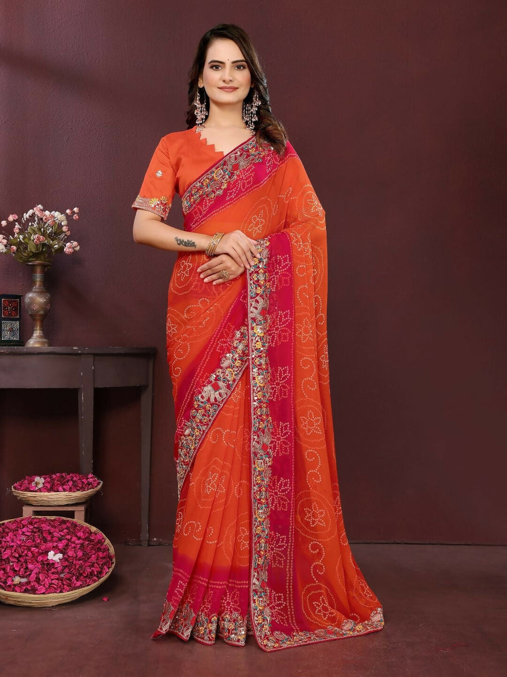 Ai Fashion Orange Georgette Digital Print Party Wear Saree | Grocsy