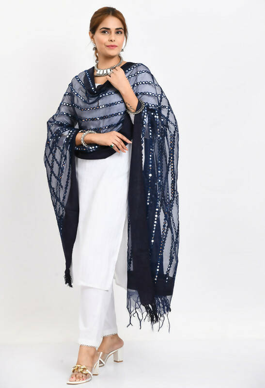 Mominos Fashion Moeza Women's Orgenza Mirror Stripe Thread Work Navy Blue Dupatta | Grocsy
