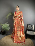 Joban Fashion Red Floral & Bird Motifs Soft Silk Paithani Saree | Grocsy