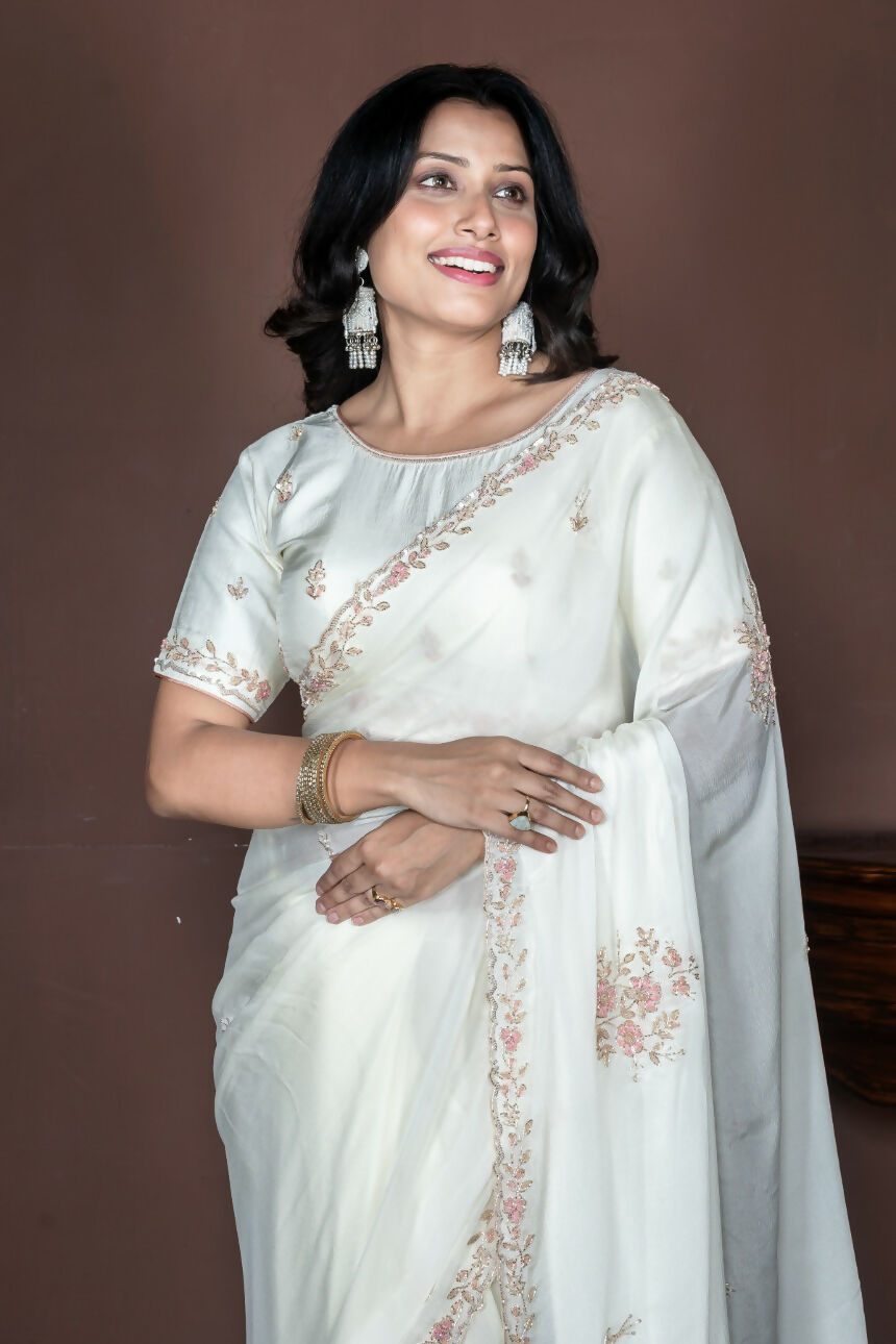 Morchari Off White Chiffon Hand Embroidery Saree And Stitched Blouse | Grocsy