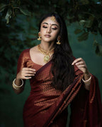 DEIANA'S Beautiful Designer Golden zari Soft Lichi Silk Saree - Brown | Grocsy