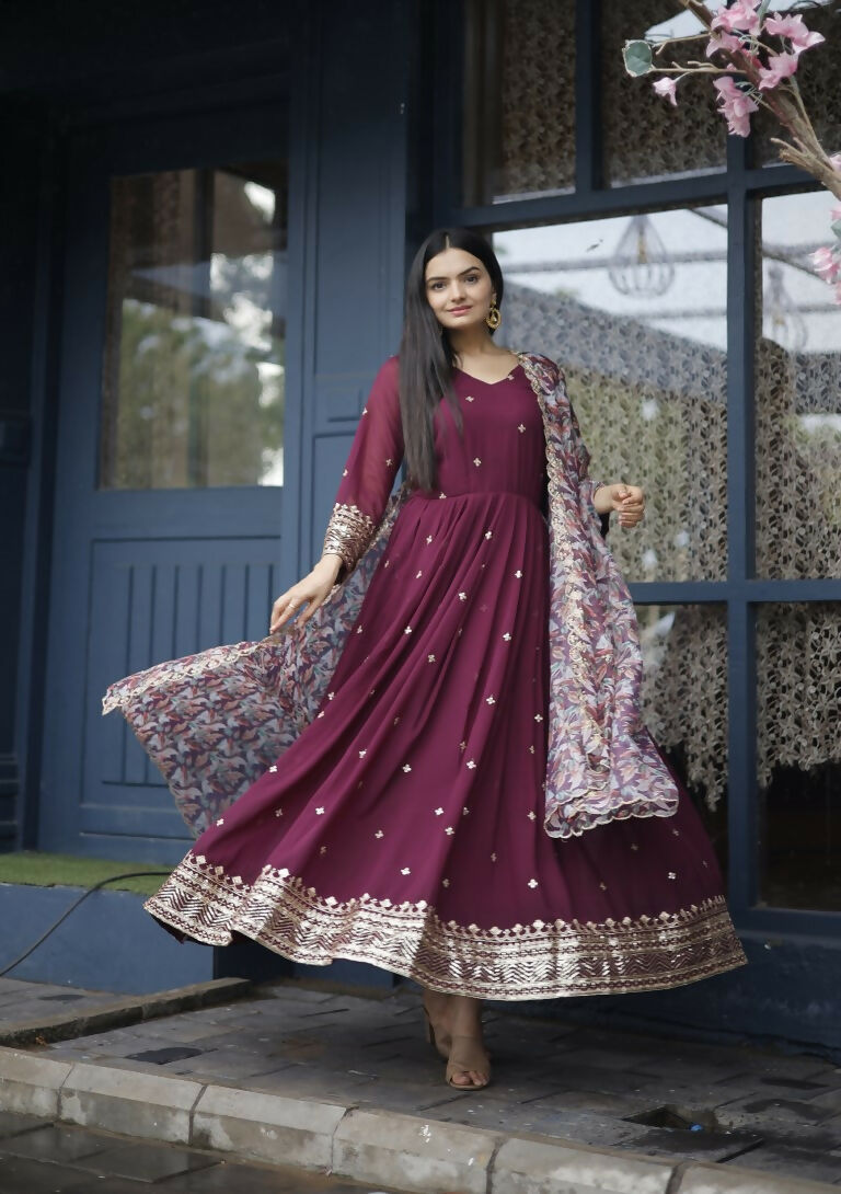 Jyoti Fashion Women's Wine Faux Blooming Sequins with Zari Embroidery Anarkali Dress with Dupatta | Grocsy
