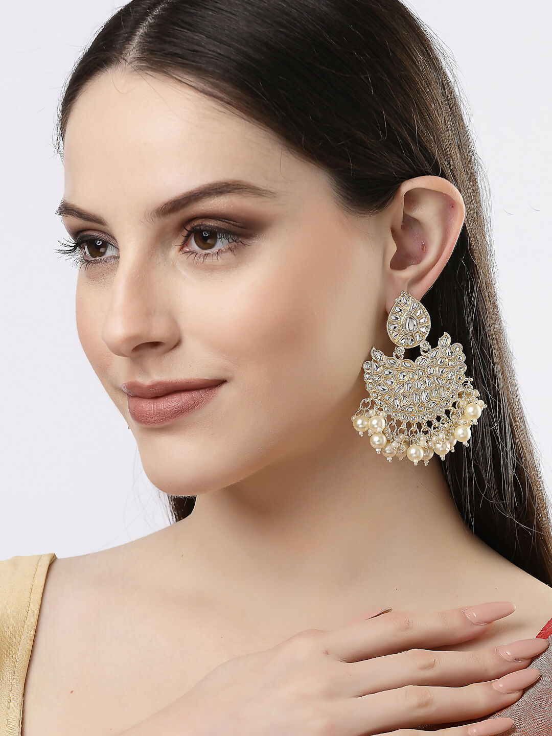 NVR Women Gold-Polished Kundan Chandbali Earrings | Grocsy