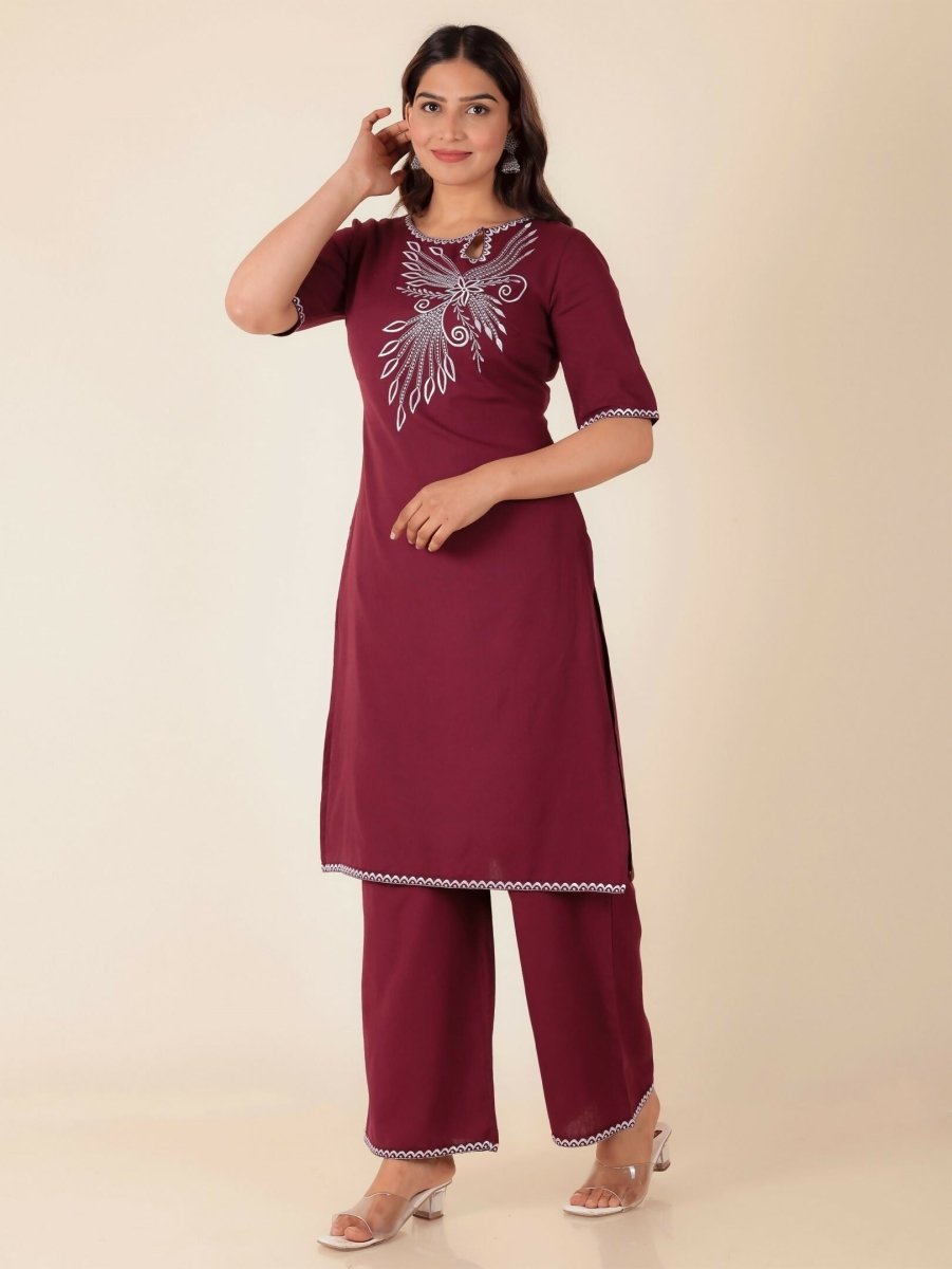 Aramya Maroon Linen Cotton Solid Print Straight Kurta Set for Women | Grocsy