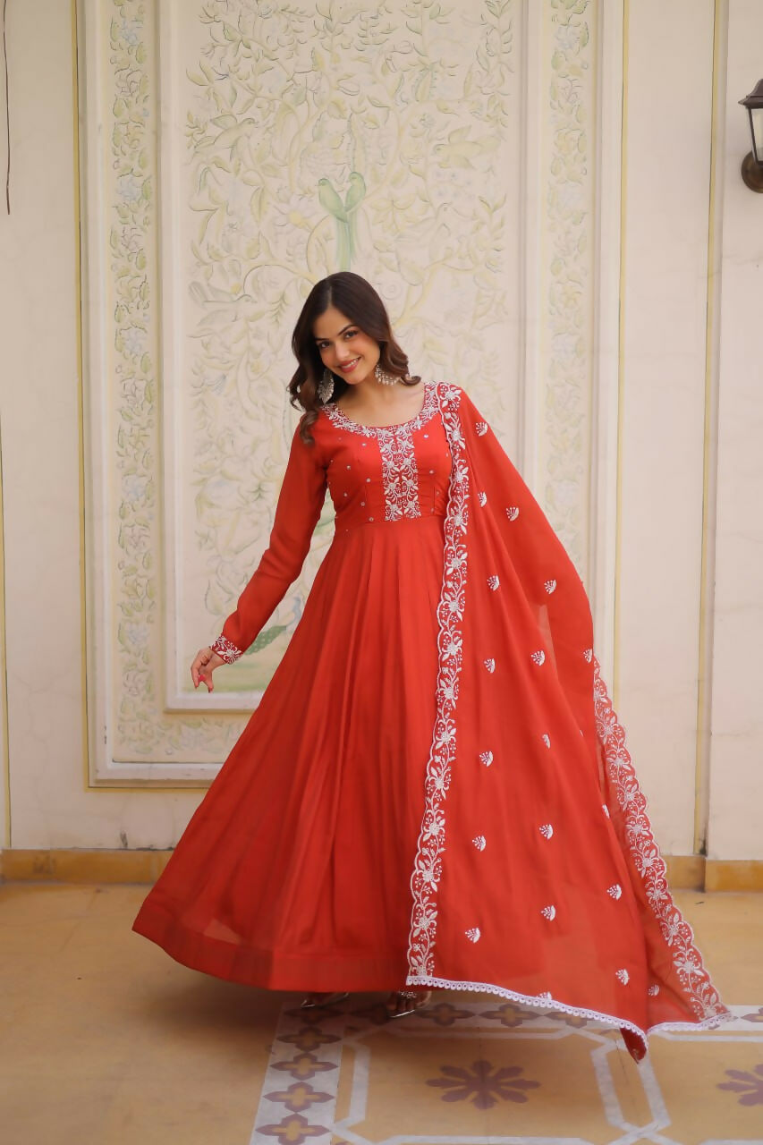 Teeya Creation Womens New Fancy Mul Chanderi With Embroidered Work Gown Set | Grocsy