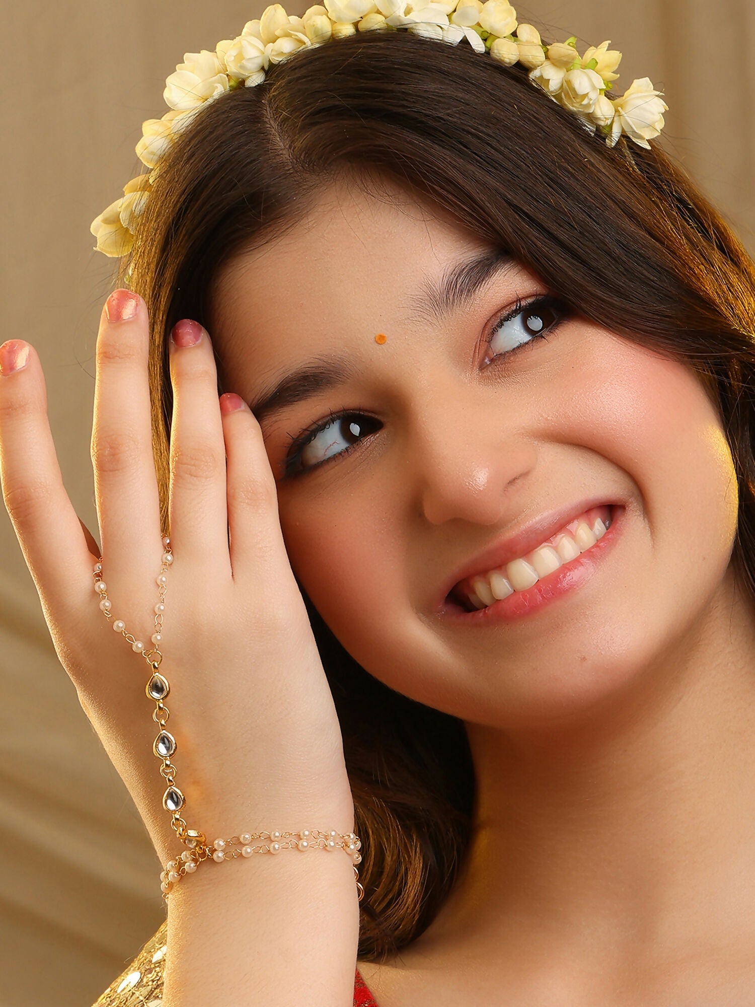 Ruby Raang Subtle Gold-Pearl Haath Phool | Grocsy