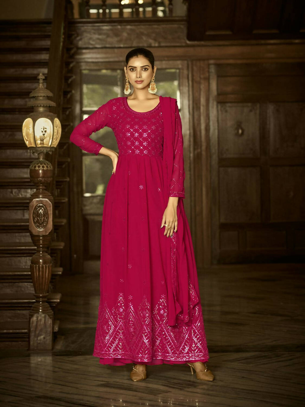 Pink Heavy Faux Georgette Anarkali Embroidered Kurta Set - Dhvani | Grocsy