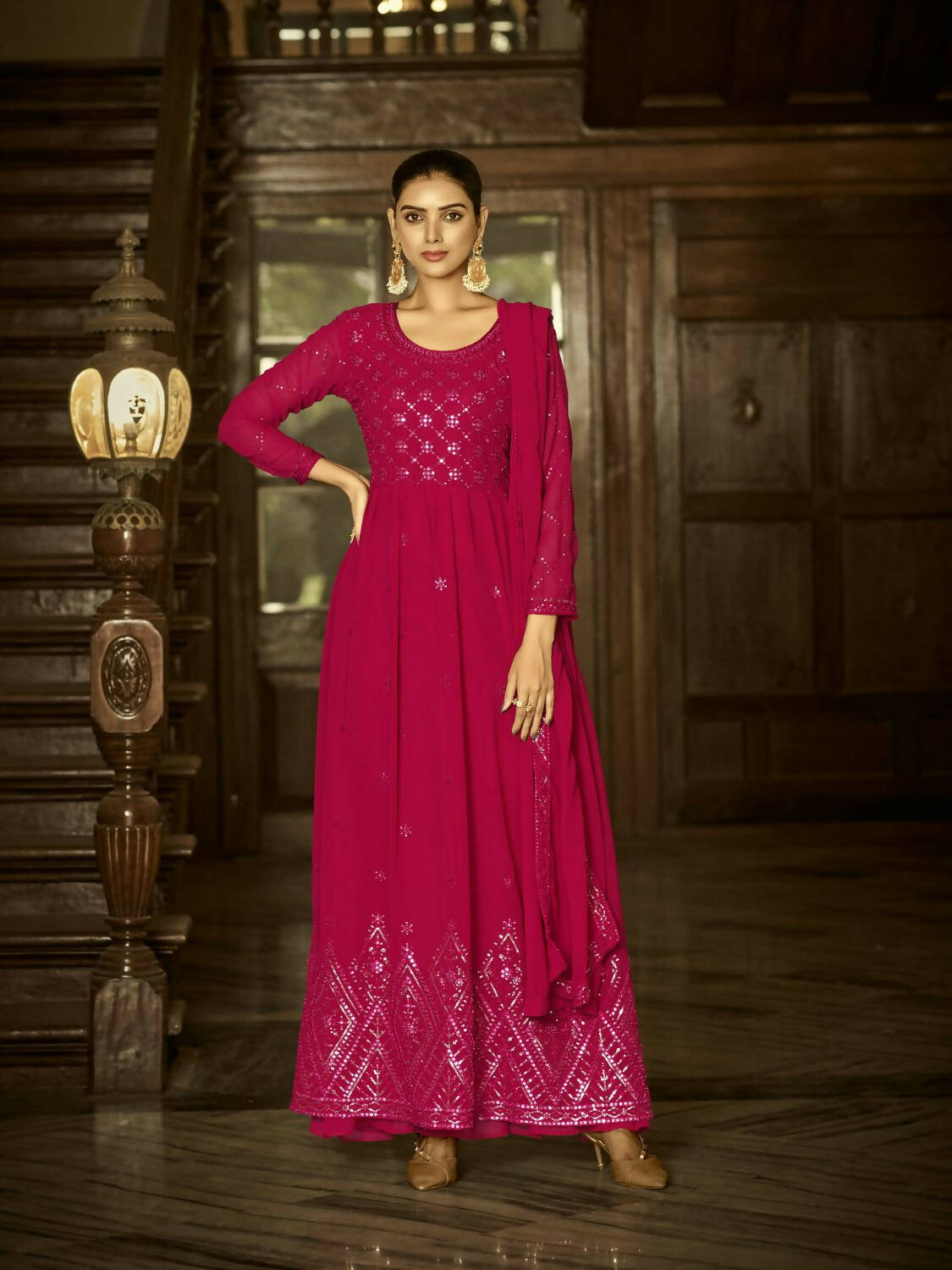 Pink Heavy Faux Georgette Anarkali Embroidered Kurta Set - Dhvani | Grocsy