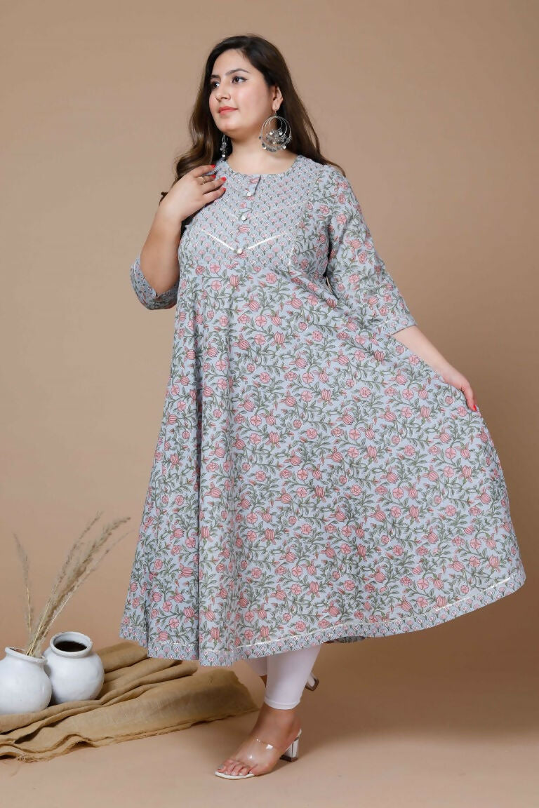 Miravan Women's Plus Size Blue Ethnic Motifs Gotta Patti Pure Cotton Anarkali Kurta | Grocsy