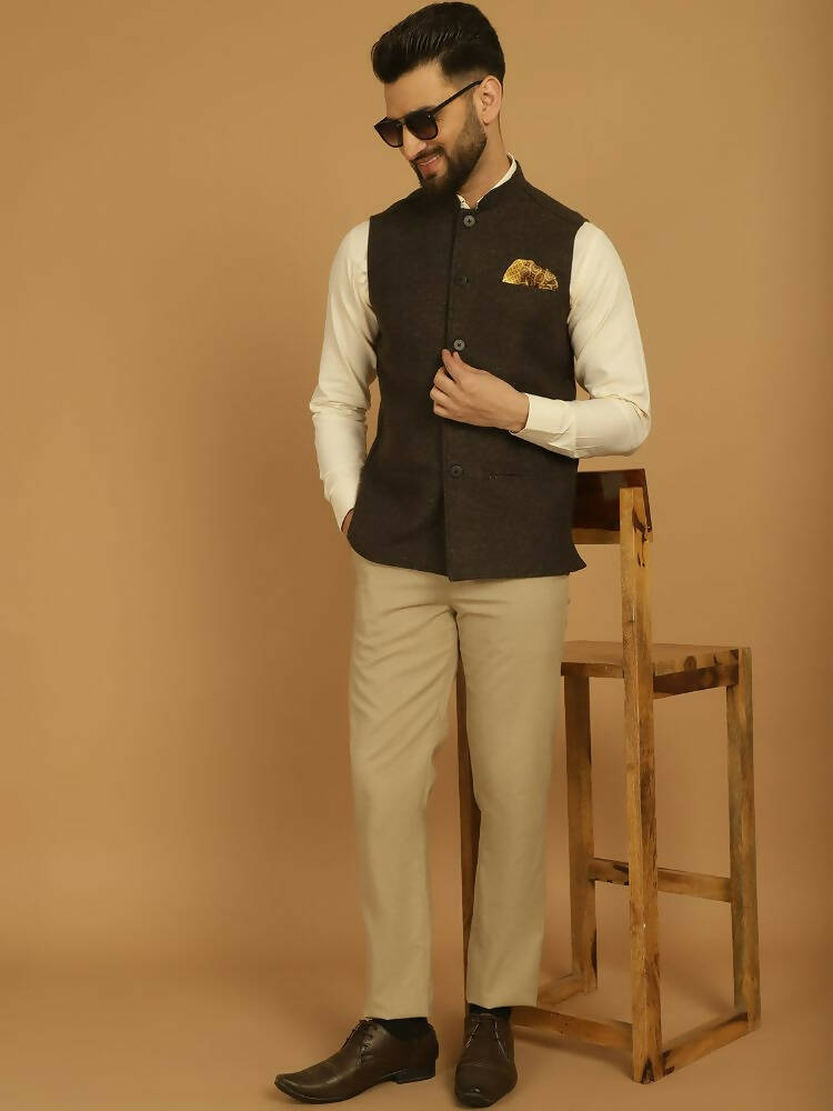 Even Apparels Pure Wool Nehru Jacket - Brown | Grocsy