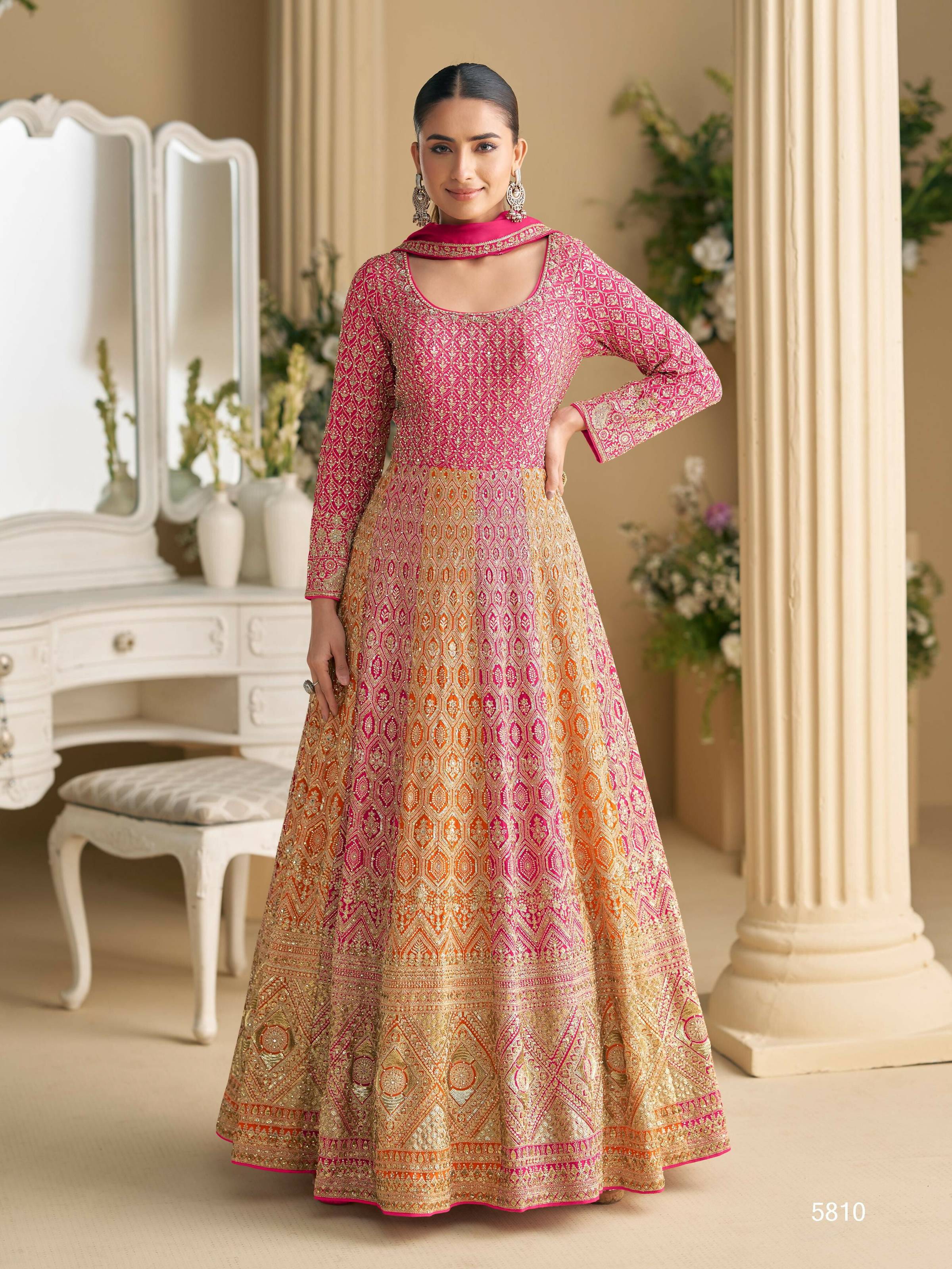 Anaita Peach Georgette Readymade Anarkali Suit with Embroidery Zarkan Work (Free Size) | Grocsy