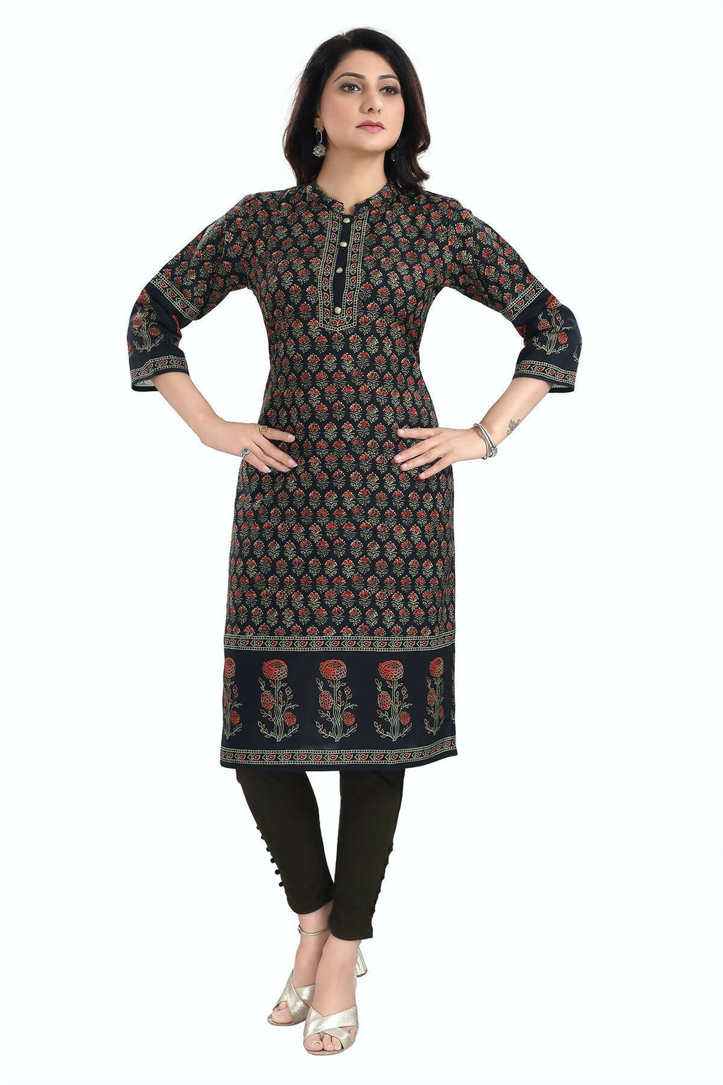 Snehal Creations Breathtaking Black Designer Digital Print Cotton Slub Fabric Long Kurti Tunic | Grocsy
