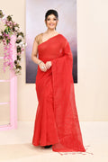 Piyari Fashion Women's Red Self Sequins Embellished Cotton Blend Jamdani Saree | Grocsy