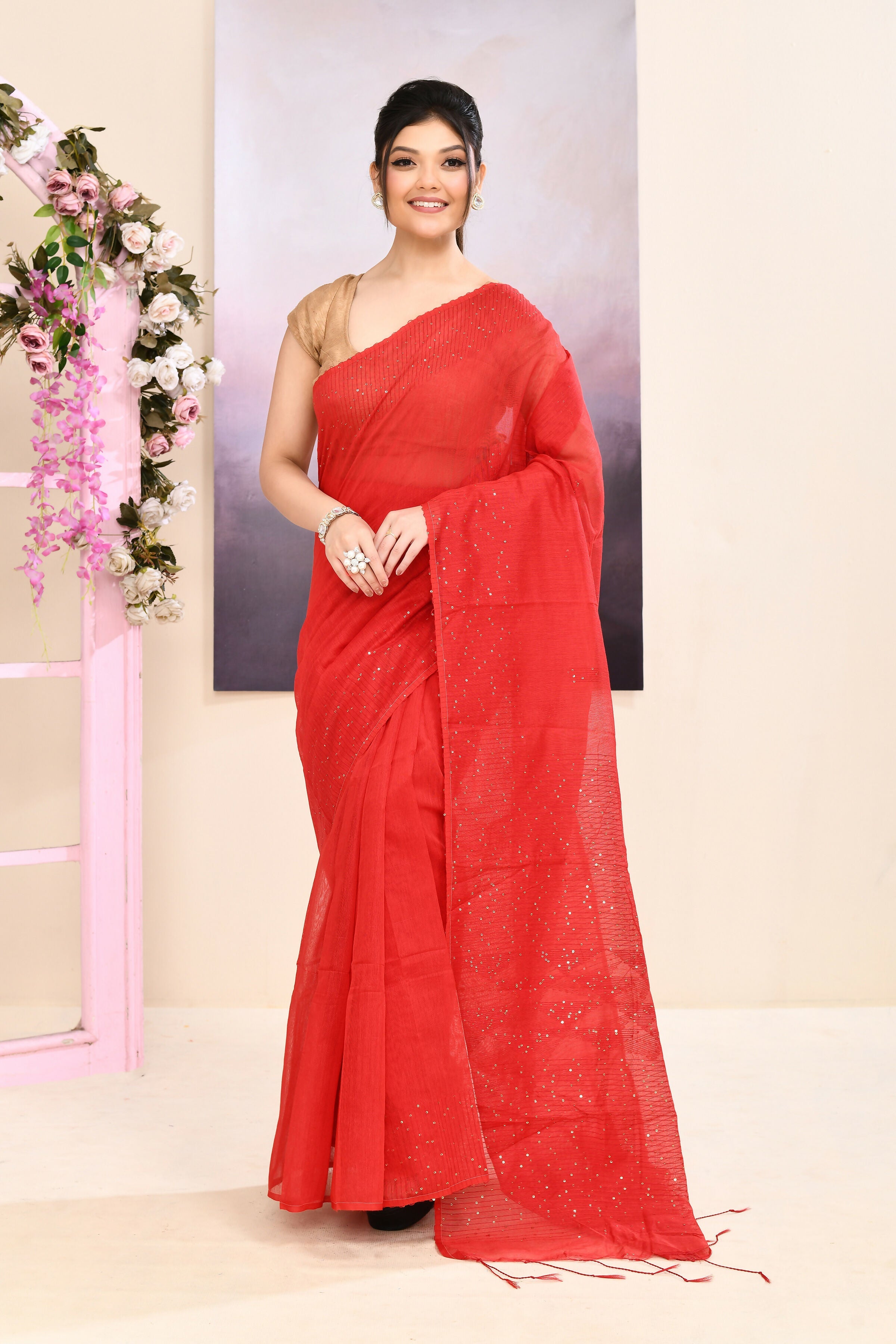 Piyari Fashion Women's Red Self Sequins Embellished Cotton Blend Jamdani Saree | Grocsy