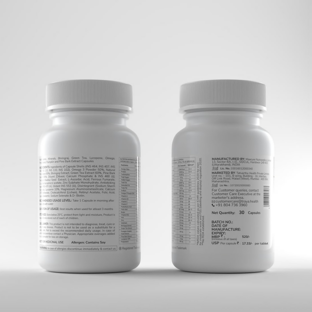 Traya Hair Vitamins with Biotin and Bhringraj Capsules | Grocsy