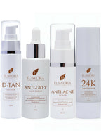 Flawora Set of D-Tan Lotion, Anti Acne Serum, Anti-Grey Hair Serum and Golden Glow Face Serum | Grocsy