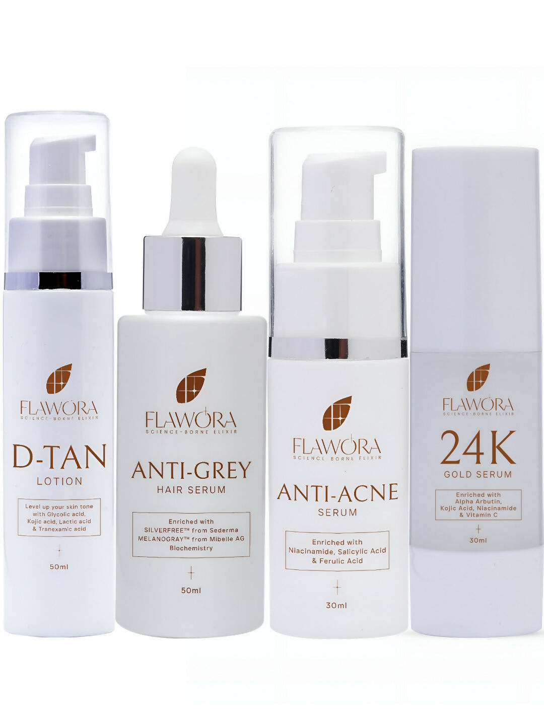 Flawora Set of D-Tan Lotion, Anti Acne Serum, Anti-Grey Hair Serum and Golden Glow Face Serum | Grocsy