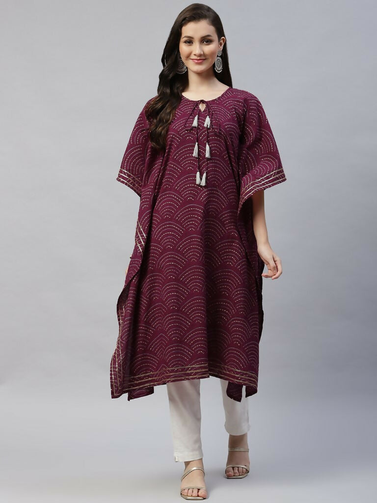 Miravan Women's Floral Printed Cotton Kaftan Kurta In Magenta | Grocsy