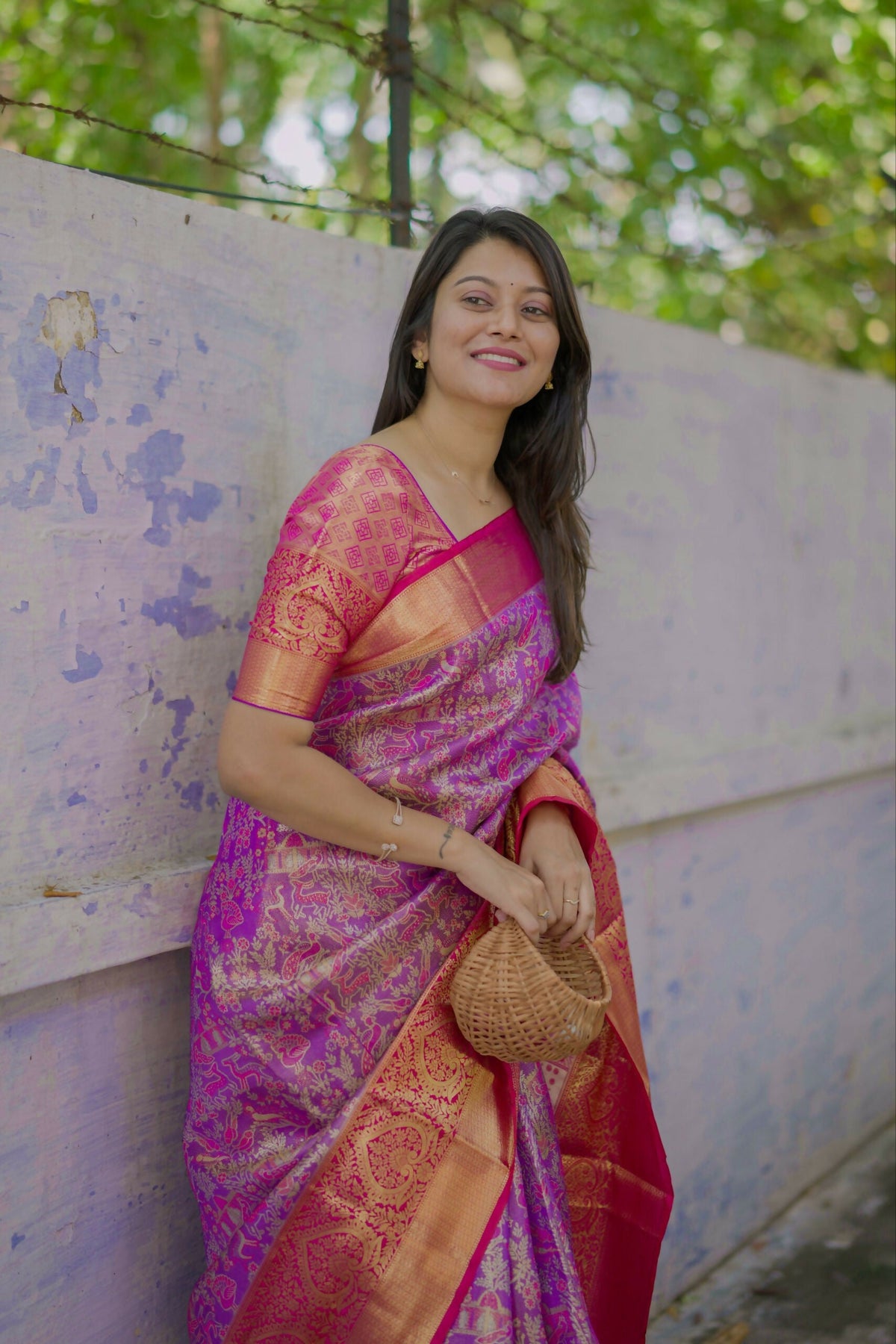 Prime Volt Royal Bridal Kanjivaram Silk Saree with Zari Weaving & Contrast Pink Pallu-Purple | Grocsy