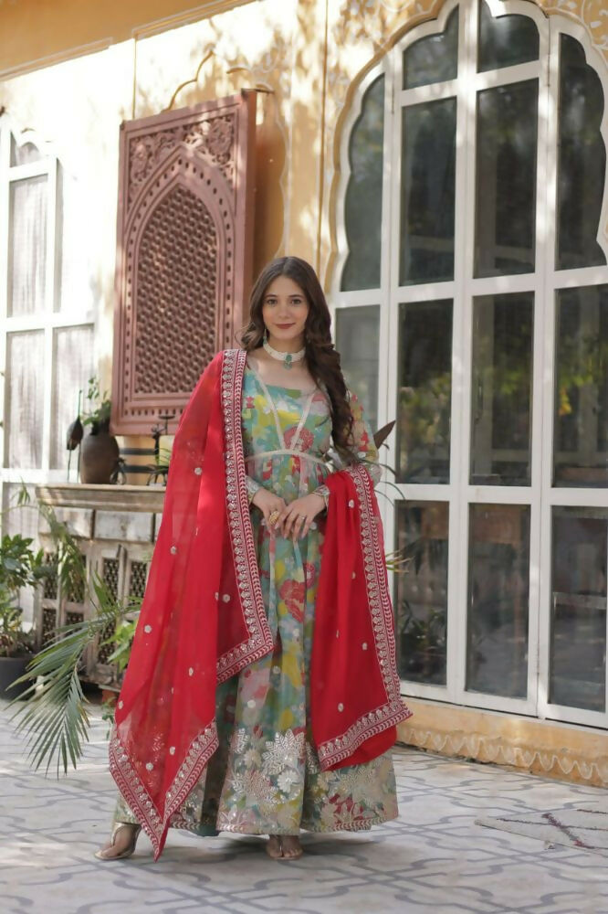 Vastranavya Multicolor Russian Silk Foil Embroidery with Zari Sequins & Digital Printed Gown Dupatta | Grocsy