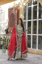 Vastranavya Multicolor Russian Silk Foil Embroidery with Zari Sequins & Digital Printed Gown Dupatta | Grocsy