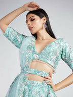 House of Panchhi Turquoise Blue Organza Sequins, Zarkan And Thread Embroidery Lehenga Choli & Dupatta | Grocsy