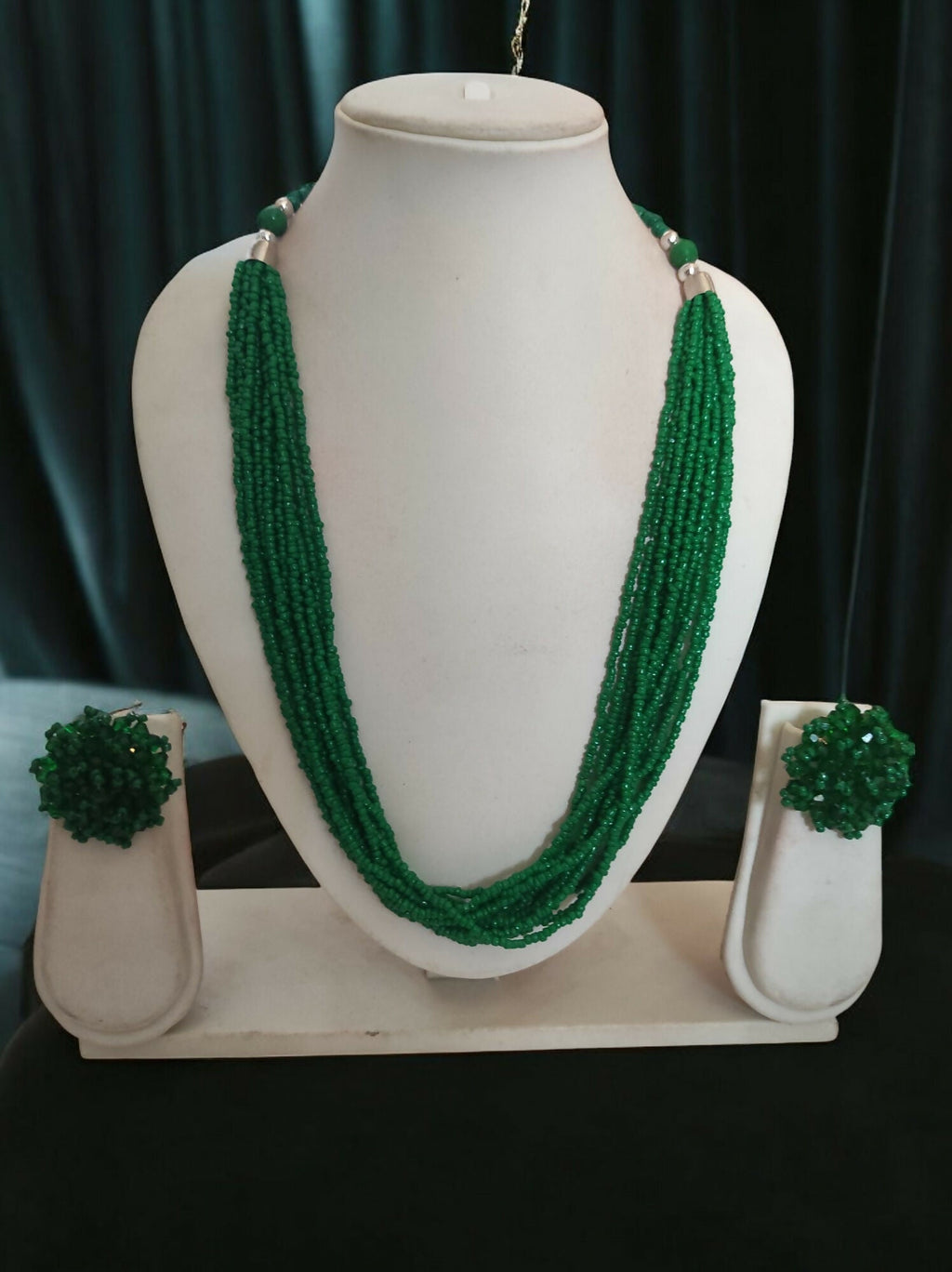 Inhanns Bloom Handmade Beaded Necklace With Earrings - 12 Layers - Darkgreen Necklace Set | Grocsy