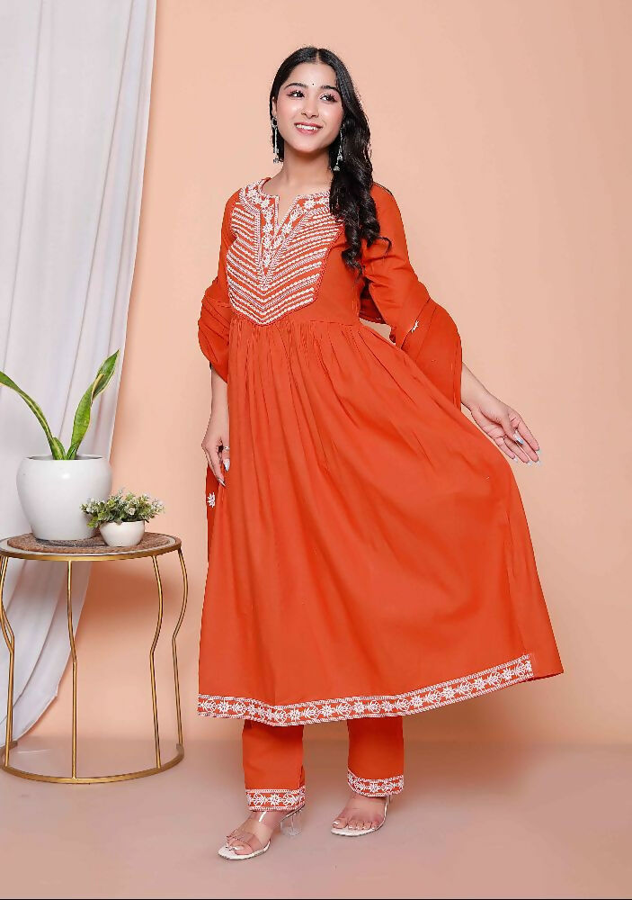 Miravan Womens Floral Embroidered Rust Straight Cotton Kurta & Palazzo With Dupatta Set | Grocsy