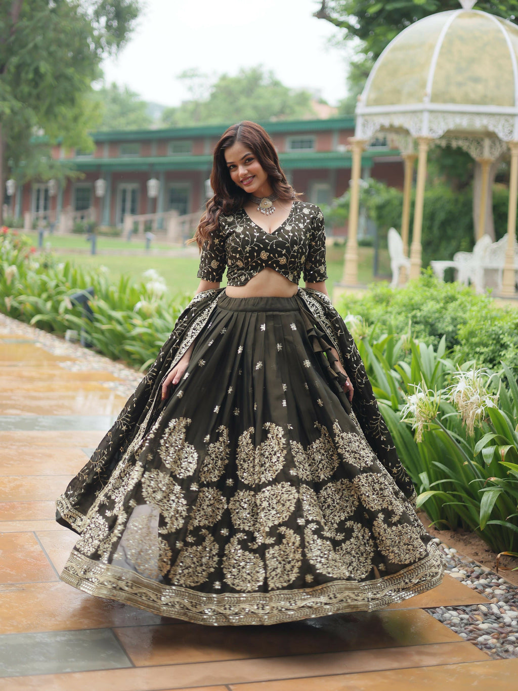 Lorenvalley Mahendi Rangoli Silk Heavy Sequins & Thread Embroidered work Lehenga Choli | Grocsy