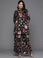 Ahalyaa Women Floral Printed Tunic with Palazzos - Black Color | Grocsy