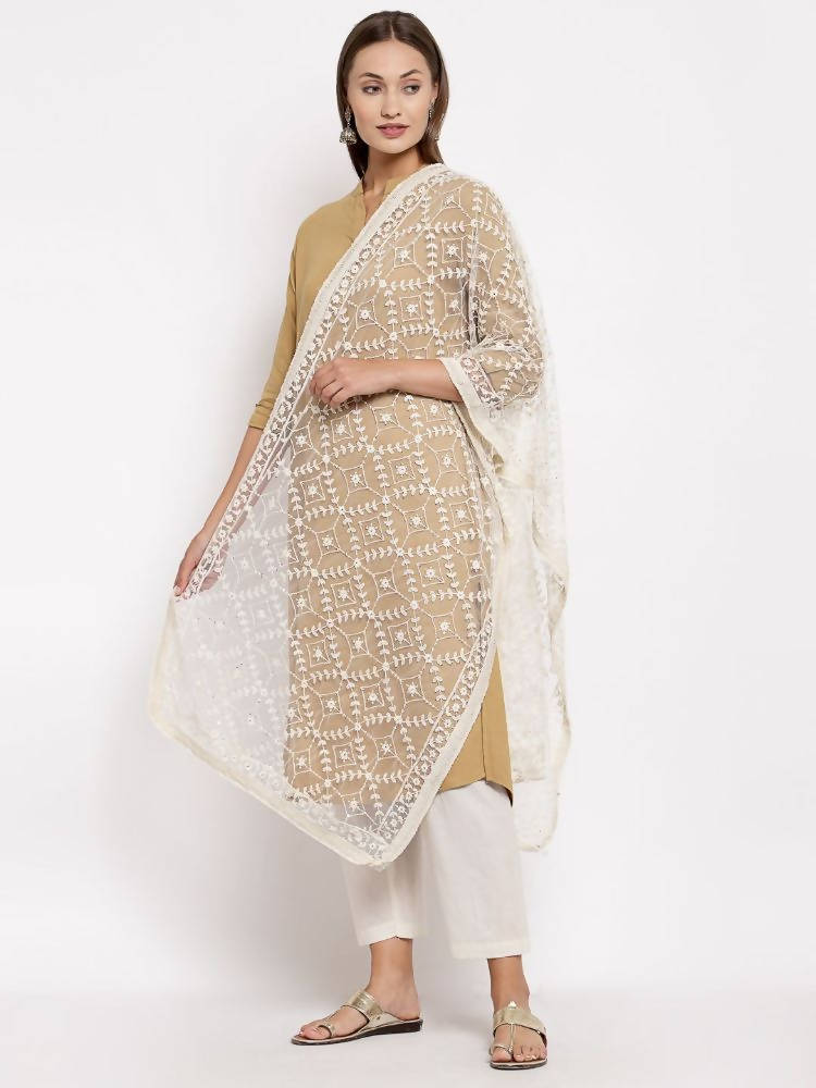 Myshka Women's White Net Solid Casual Dupatta | Grocsy