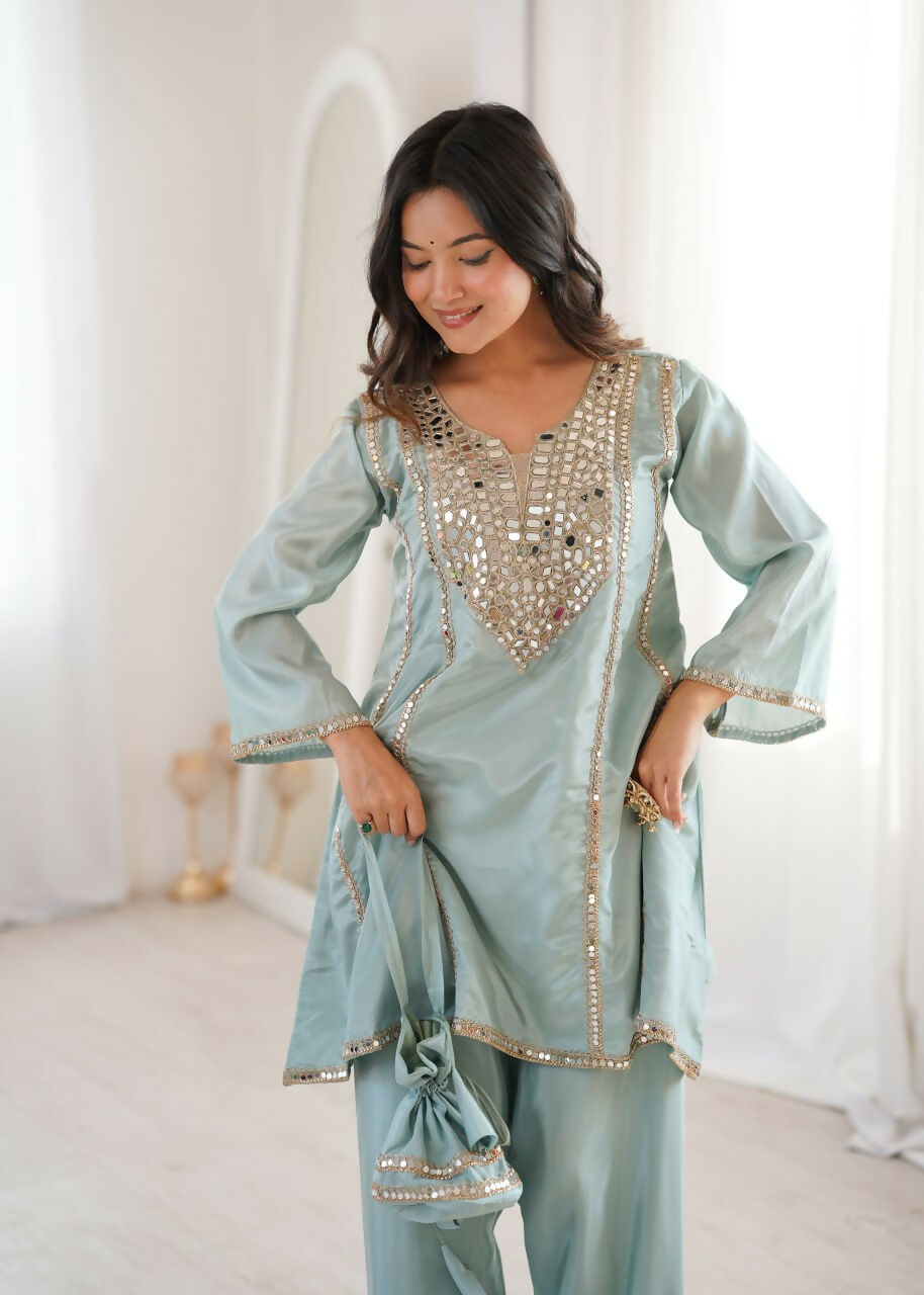 Teeya Creation Womens New Wedding Wear Sky Color With Mirror & Lace Work Kurta Pant Set | Grocsy