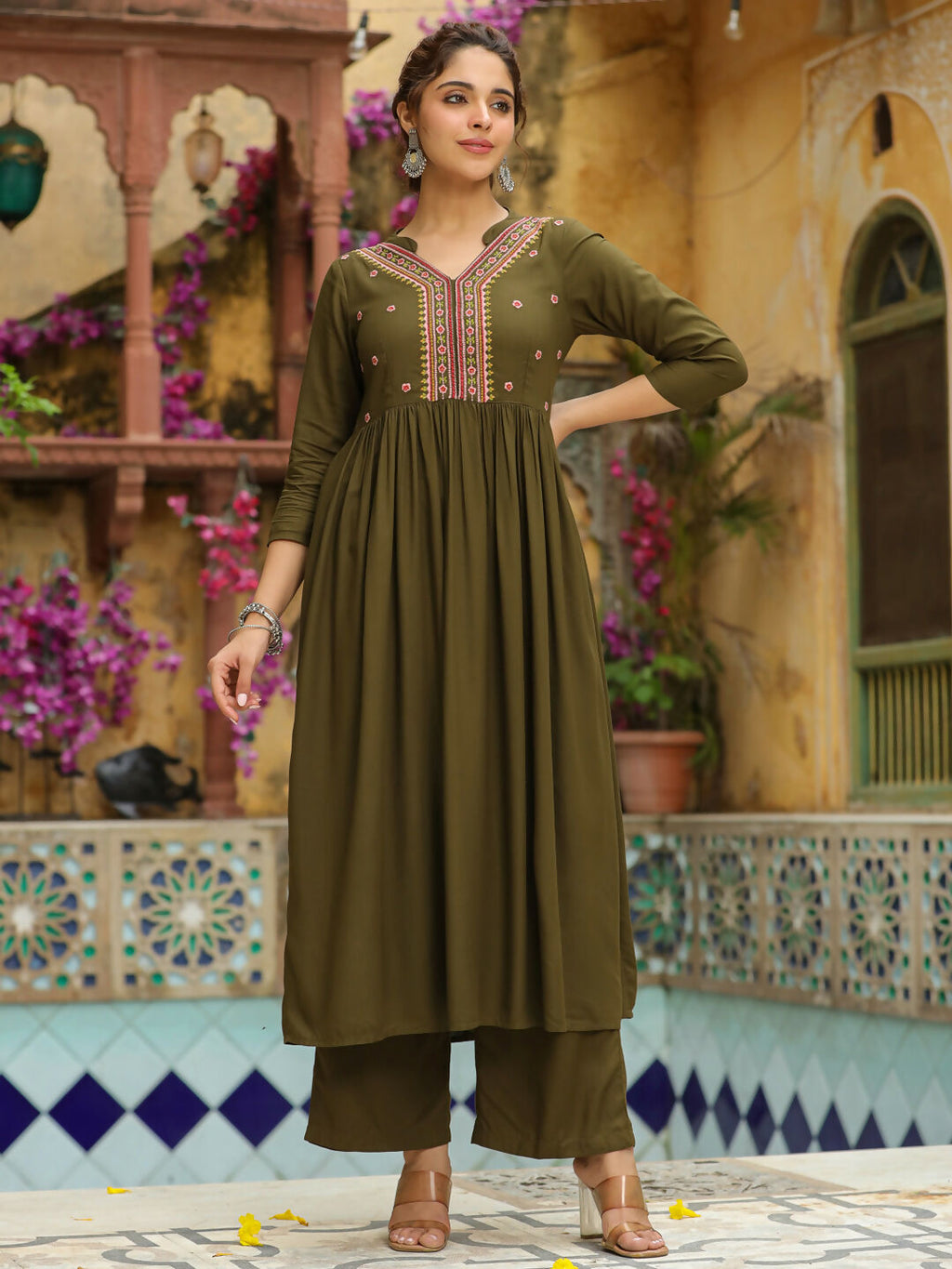 Janasya Olive Rayon Embroidered Kurta & Bottom | Grocsy