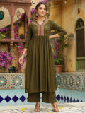 Janasya Olive Rayon Embroidered Kurta & Bottom | Grocsy