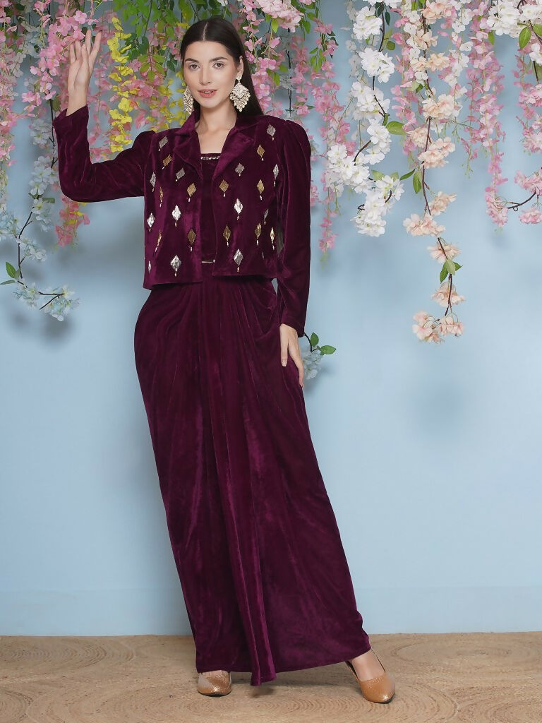Joban Fashion Wine Hand Embellished Jacket with inner and skirt | Grocsy