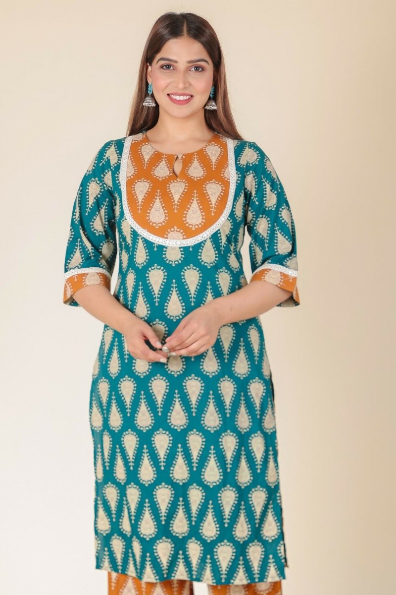 Aramya Turquoise Soft Cotton Floral Straight Kurta for Women | Grocsy