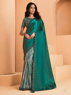Sea Green Satin Crepe Silk Sequence Embroidered Saree With Unstitched Blouse - Mohmanthan Yavanika | Grocsy