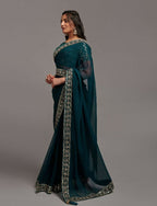 PR Fashion Petrol Zometo Embroidery Lace Saree | Grocsy