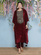 Joban Fashion Maroon Velvet Hand Embellished Kaftaan Set | Grocsy