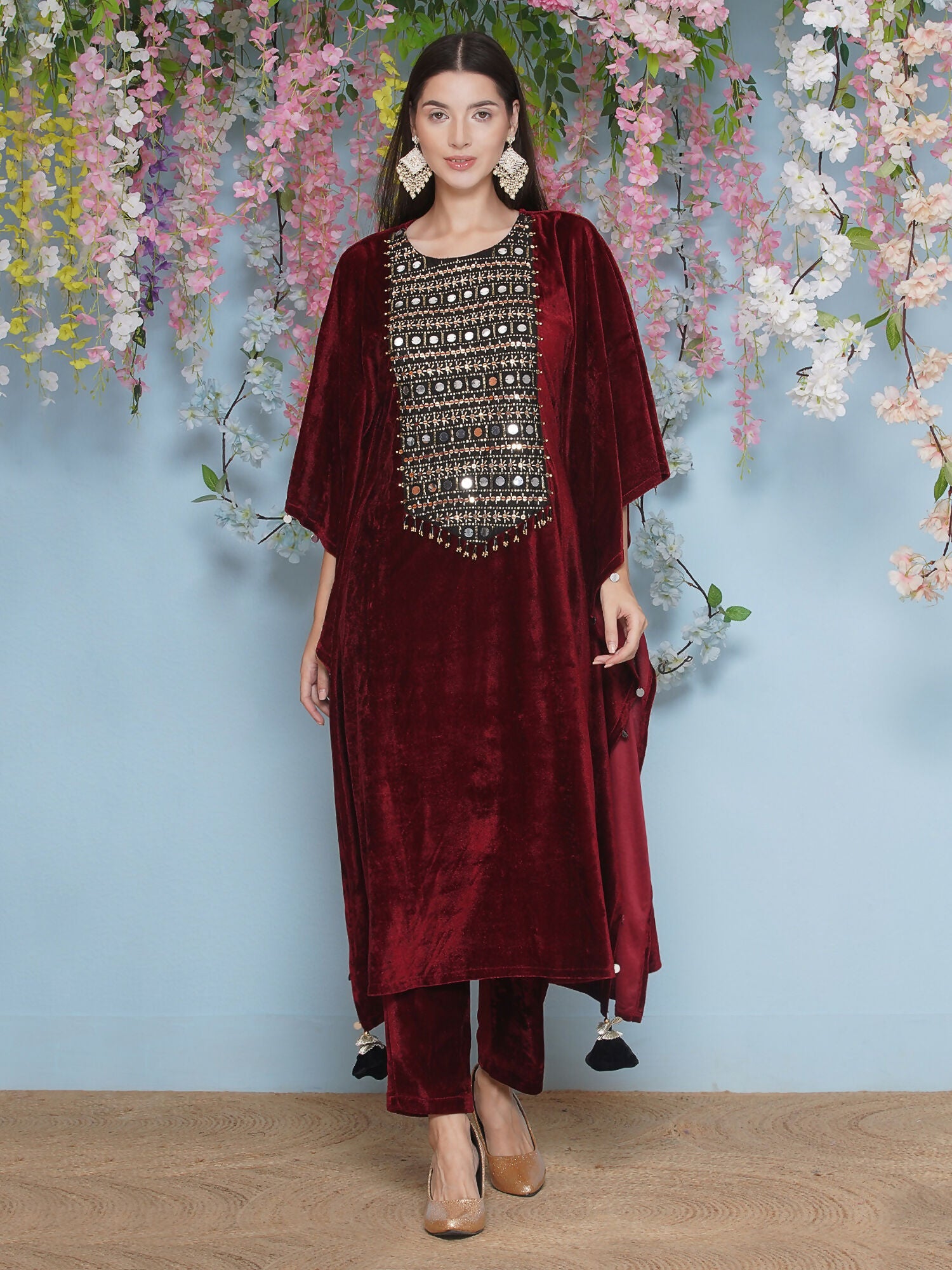Joban Fashion Maroon Velvet Hand Embellished Kaftaan Set | Grocsy