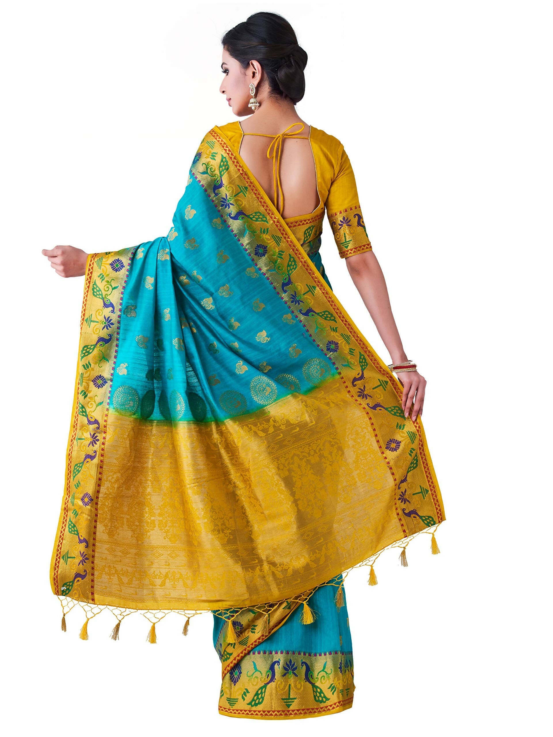 Mimosa Women's Turquoise Kanchipuram Silk Saree | Grocsy