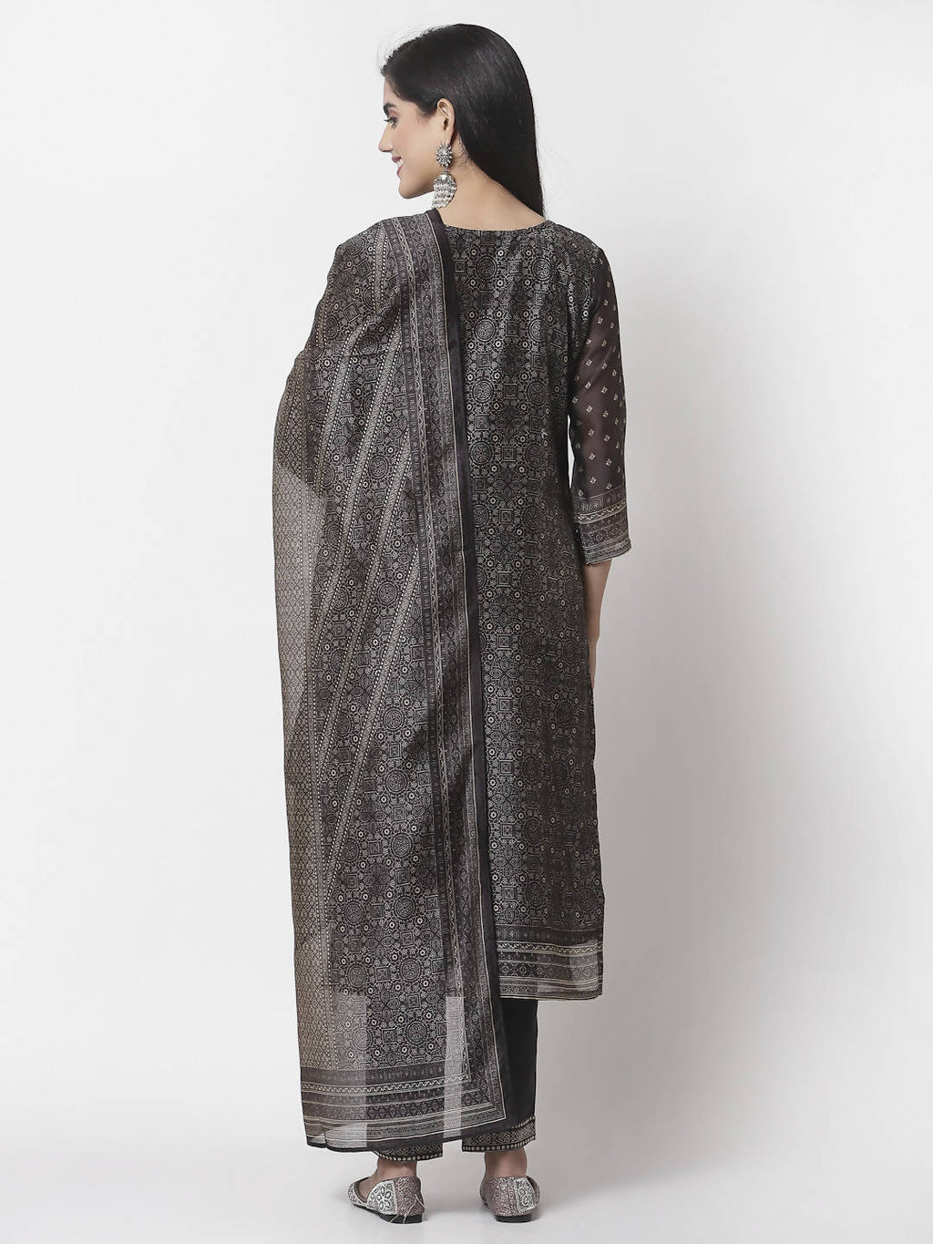 Myshka Black Chanderi Silk Embroidered 3/4 Sleeve Round Neck Kurta Pant Dupatta Set | Grocsy