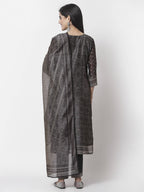 Myshka Black Chanderi Silk Embroidered 3/4 Sleeve Round Neck Kurta Pant Dupatta Set | Grocsy