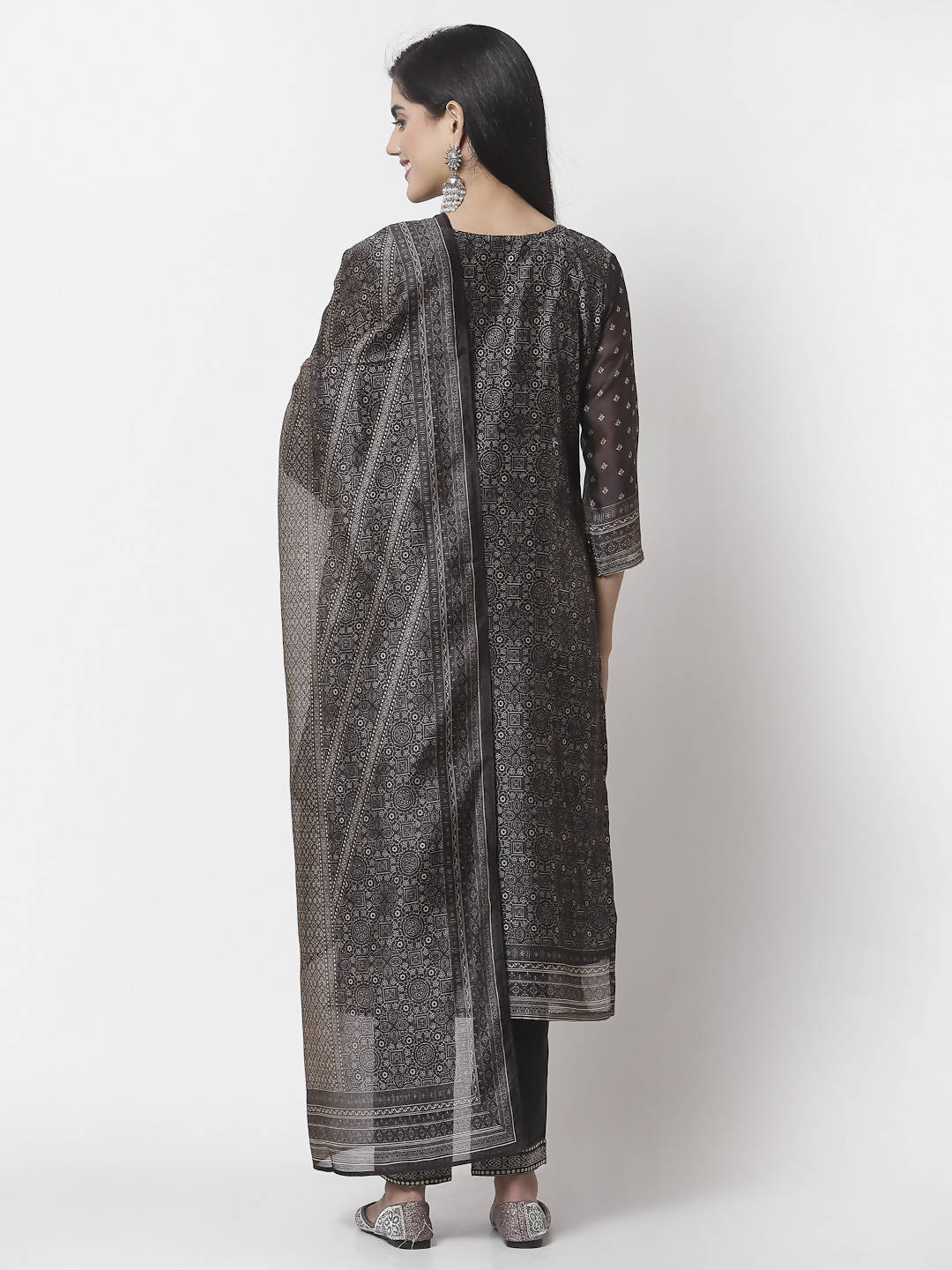 Myshka Black Chanderi Silk Embroidered 3/4 Sleeve Round Neck Kurta Pant Dupatta Set | Grocsy