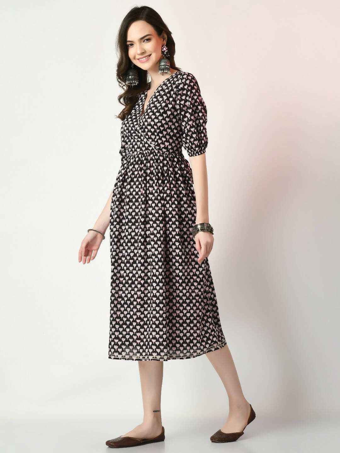 Myshka Women's Black Empire Printed Dress | Grocsy